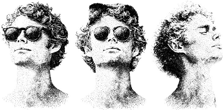 Halftone male triptych portraits with sunglasses and traced dotted faces for collectors poster and banner use