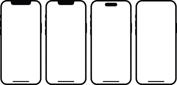 Set of four smartphone blank screen mockup wireframes with different camera notch designs for UI UX presentation
