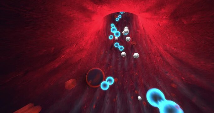 Seamless looping 3D render of red cells moving inside human blood stream. Science And Health Related 3D Animation.
