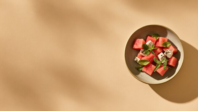 A minimalist composition featuring a small bowl of watermelon feta salad placed in the corner of a warm beige background with expansive negative space
