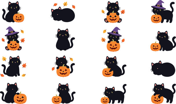 Cute black cats with pumpkins and autumn leaves during Halloween isolated on white background