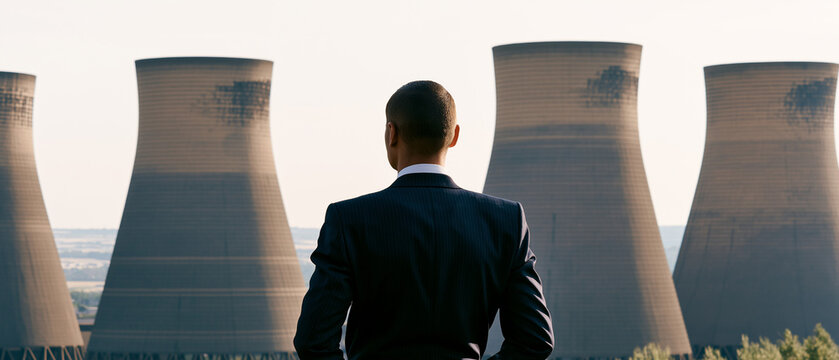 Man in Suit Facing Cooling Towers