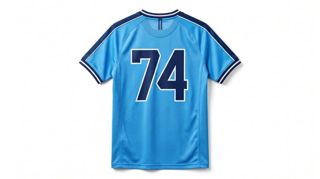A vibrant light blue sports jersey featuring the dark navy number seventy four printed on the rear side provides a classic athletic look suitable for competitive matches or casual summer wear