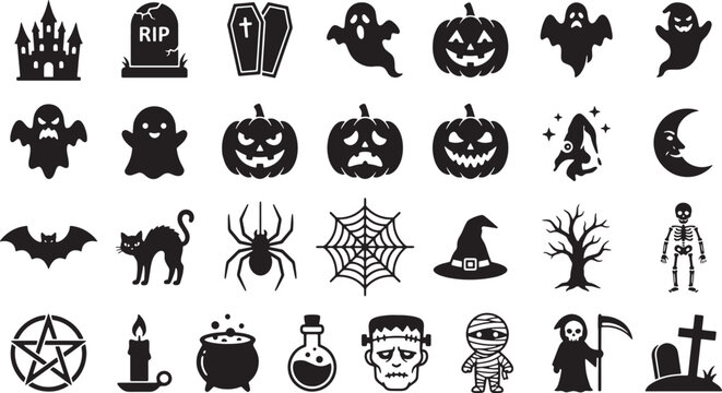 Halloween icons in silhouette for spooky season celebrations and festive designs Isolated on white background