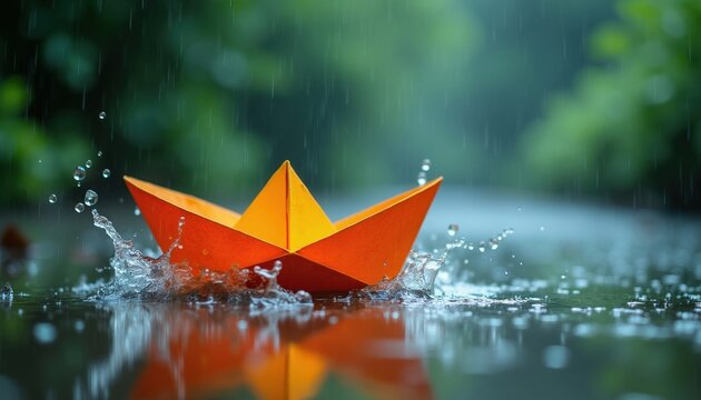 Orange paper boat floats on water creating splashes. Rain falls on puddle with reflections. Colorful craft sails on wet surface. Childhood play.