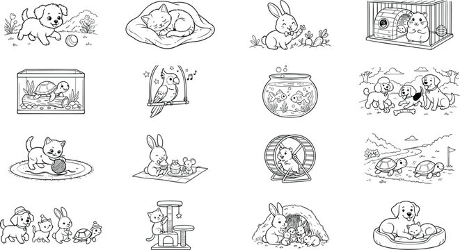 Cute domestic pets coloring page set with puppy kitten bunny hamster parrot turtle goldfish line art vector illustration.
