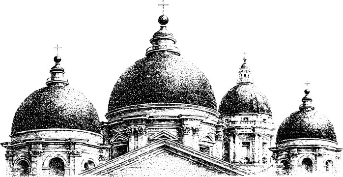 Close up ink stipple illustration of grand domes and classical rooftop details for design background and historical architecture themed banners