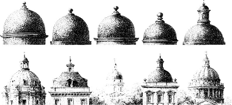 Collection of isolated dome and rooftop architectural elements in ink stipple for banner background and ornamental design with classical roofline motifs