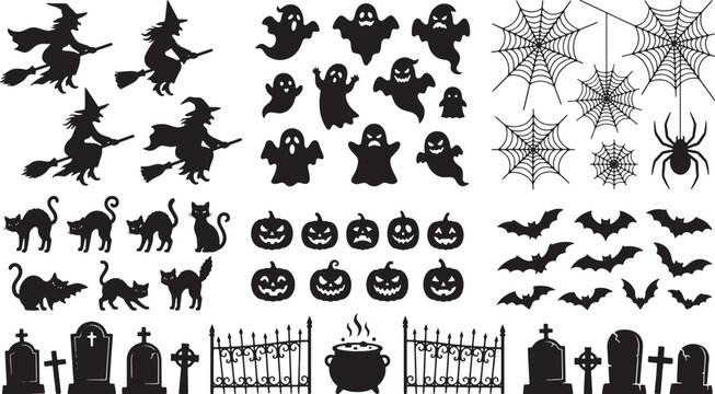 Halloween silhouette collection with witches cats ghosts pumpkins bats and graveyard elements isolated on white background
