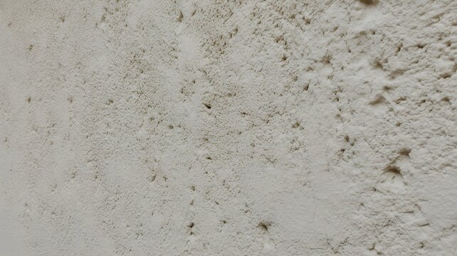 Closeup of a rough, textured offwhite stucco or concrete wall surface with small pits and imperfections, creating a natural, weathered architectural background