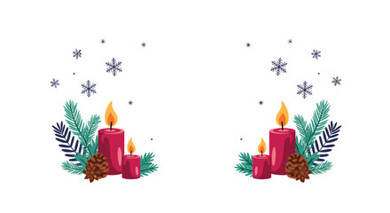 Fototapeta premium Winter holiday template featuring burning red candles decorated with pine branches, pinecones, and elegant blue floating snowflakes.