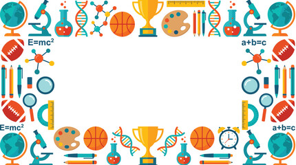 Fototapeta premium Colorful educational frame featuring various school icons like science equipment and sports balls for students