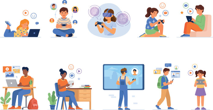 Kids and Teens Using Digital Technology Vector Set Featuring Children Gaming Streaming Studying with Smartphones Laptops Tablets and Virtual Reality Headsets