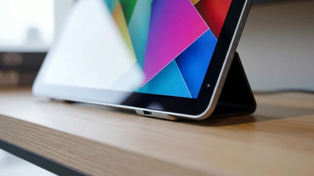 Modern digital tablet with colorful abstract display on wooden desk for tech business presentation and creative workspace concept