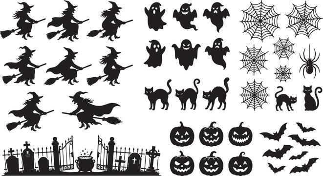 Halloween silhouettes of witches ghosts spiders pumpkins bats cats and graveyard elements isolated on white background