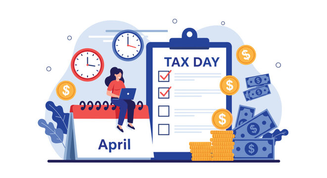 Young woman working on a laptop computer sitting on an April calendar next to a giant checklist for tax day.