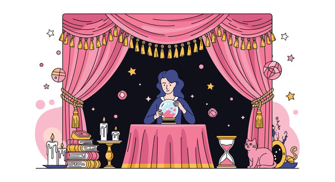 Mystical female fortune teller looking into a pink crystal ball on a stage with pink curtains, candles, and a cat.
