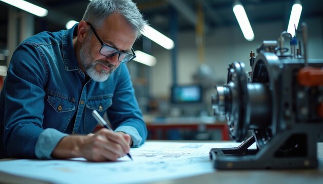 Mature male mechanical engineer designs new metal machine prototype in modern factory workshop. Professional worker analyzes technical drawings on large paper blueprint. Experienced expert uses pen