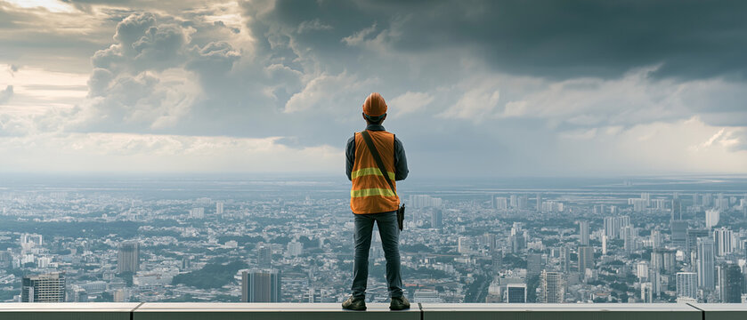 A Visionary Above the Metropolis: A lone construction worker in an orange safety vest and hard hat stands on a rooftop, gazing out at a sprawling city skyline under a dramatic, cloud-filled sky.