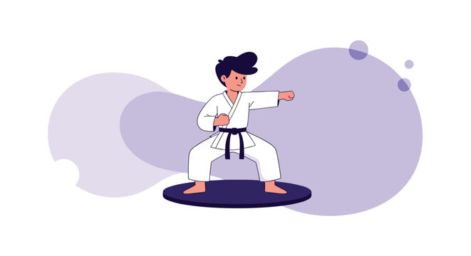 Young active boy in a white karate gi and black belt practicing martial arts punches on a purple fluid background.