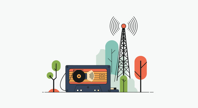 Vintage audio cassette tape sits in front of a tall radio transmission tower emitting waves amidst colorful trees.