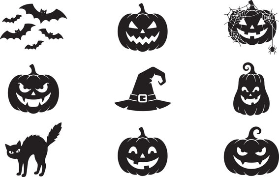 Halloween vector silhouette icons with pumpkins bats witch hat and cat isolated on white background