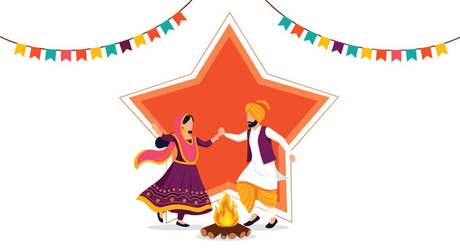 Happy Punjabi couple in traditional clothing performs Bhangra folk dance around a bonfire celebrating Lohri festival.