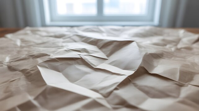 Closeup of a crumpled sheet of beige craft paper with sharp folds and shadows, shallow depth of field, rustic texture