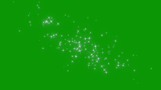 Glowing white sparkle stars, twinkling star burst effect, shimmering glitter overlay, bright light animation, seamless 4k motion graphics, isolated on green background,