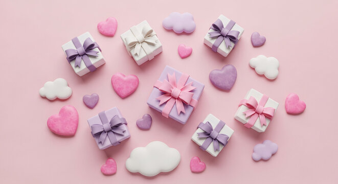 Top view of gift boxes and decorative hearts and clouds on a pink background.