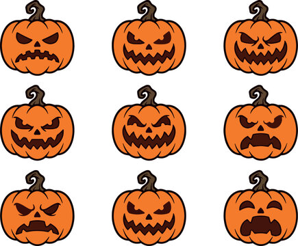 Jack-o-lantern faces in a grid during autumn with various expressions Vector Silhouette Isolated on white background