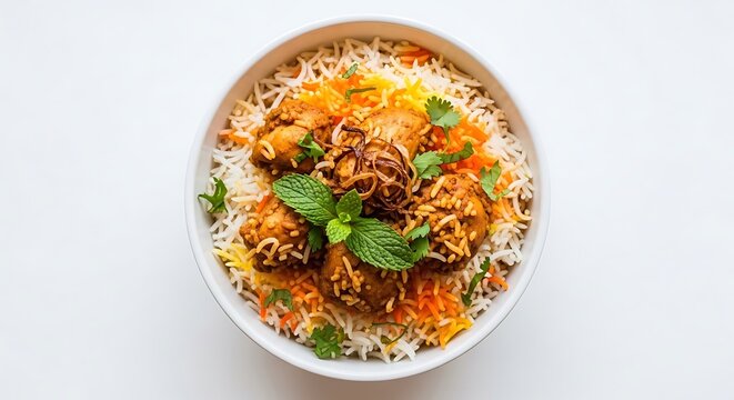 Flavorful Chicken Biryani: A close-up shot of a delicious and aromatic chicken biryani served in a white bowl, garnished with fresh mint leaves and fried onions.