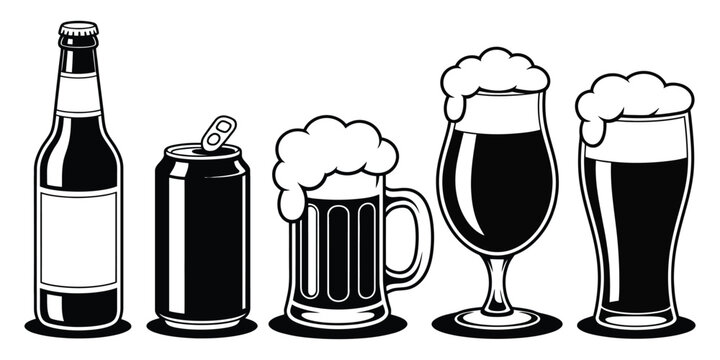 Beer bottle icons featuring beverage cans, pint glasses, brewery symbols, pub drinks, restaurant menus, and clean vector illustration.