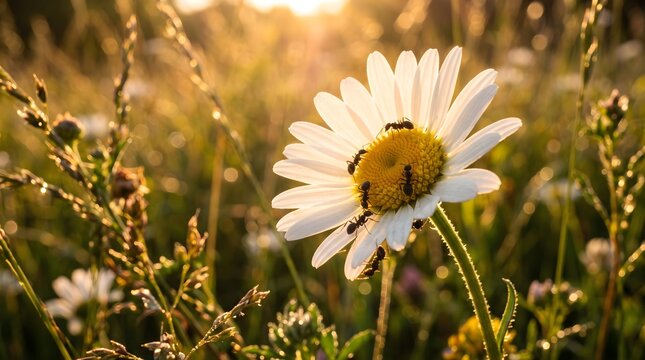 bee on daisy flower sunset shot high quality HD stock imgae.