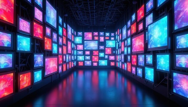 Walls lined with many screens displaying abstract art in red blue and purple. A futuristic empty room with glowing digital displays and cables.