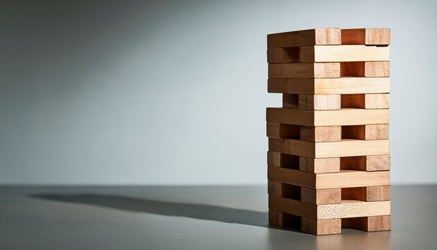 jenga tower of wooden blocks isolated with shadow place for text the concept of destruction instability