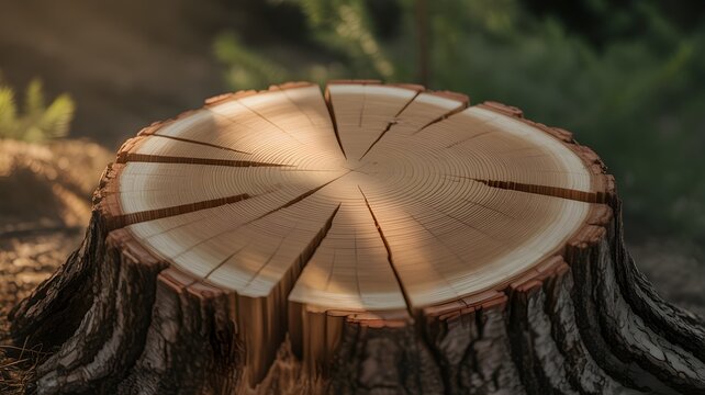 A detailed crosssection of a tree stump showing annual growth rings and natural radial cracks, illuminated by soft, warm sunlight in a forest setting