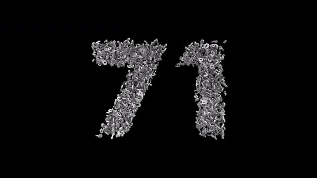 Number 71 Formed by Small Digits Animation with Alpha Channel. Typographic Number Formation Effect. Digital Number Made of Numbers. 3D Font Typographic Animation. Transparent BG