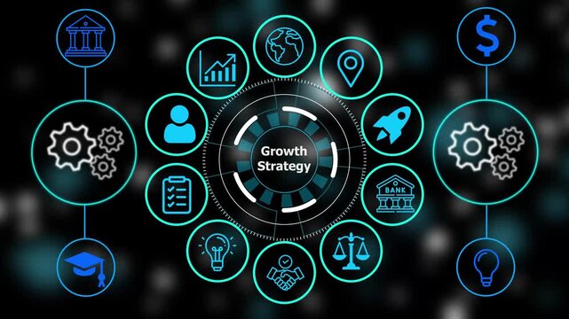 Digital interface with glowing cyan representing business strategy and technology development on a dark blurred background with circular gear motifs