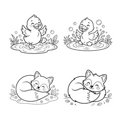 Fototapeta premium Adorable duck and fox color page set black and white illustrations for kids' coloring activities