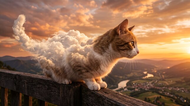 A ginger cat gradually blending into soft clouds while overlooking a breathtaking sunset landscape.