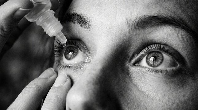 extreme closeup of woman applying moisturizing eye drops from bottle, representing dry eye treatment, vision care, ocular health, ophthalmology, and daily hygiene.