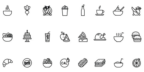 Fototapeta premium Food icon set featuring various healthy and fast meal options in outline style for menu design