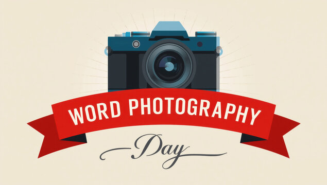 Day celebration with vintage camera and red ribbon banner on cream background, retro