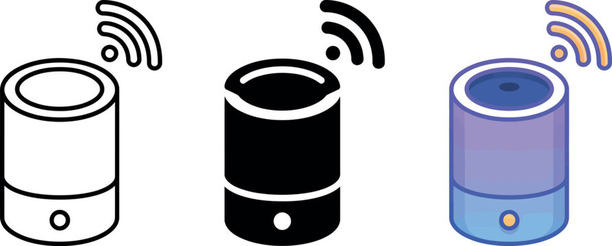 Smart Bluetooth Speaker Line Icon Set Featuring Wireless Wi-Fi Waves with Minimal Outline Solid Black and Purple Gradient Vector Character Styles