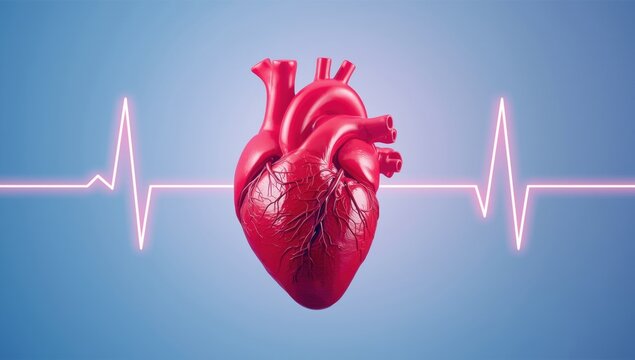 Detailed 3d anatomical human heart model centered with a glowing digital ekg heartbeat line on blue background