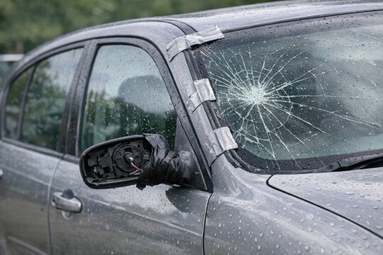A vehicle with a cracked windshield sits idle in the wet weather