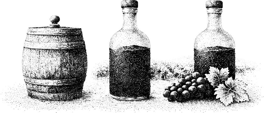 Vintage sherry solera label set with barrel two bottles and grape sprig for winery label design and packaging artwork in engraved stipple style