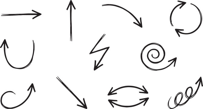 Hand-drawn arrows, circles, and spirals in black ink on white background, squiggle line