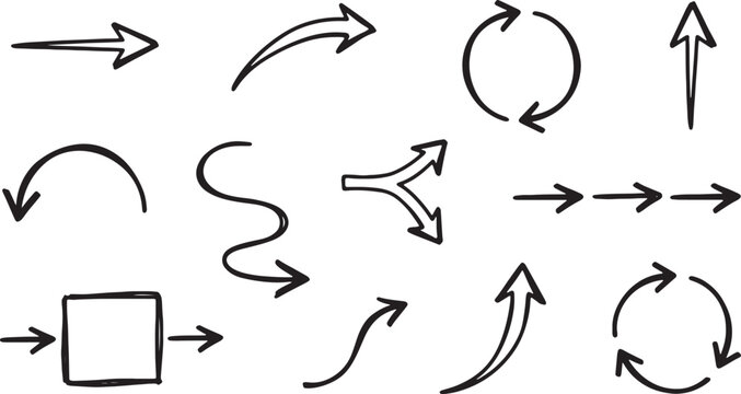 Hand-drawn arrows, lines, and shapes on white background, geometric